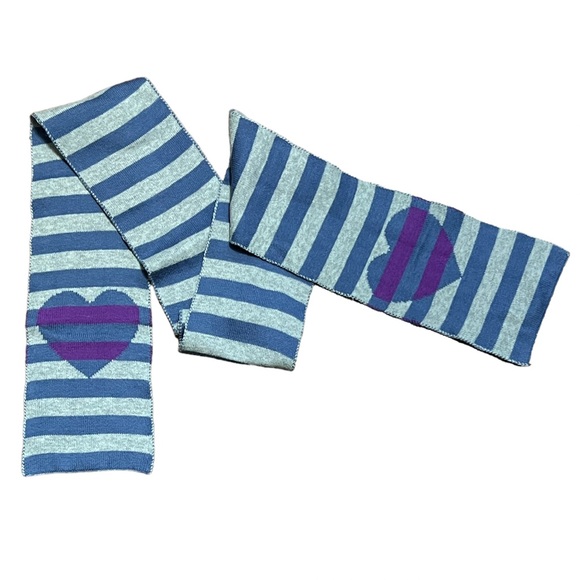 Blue & Gray Stripe Scarf with Purple Stripe Hearts 5” x 57” - Picture 2 of 3
